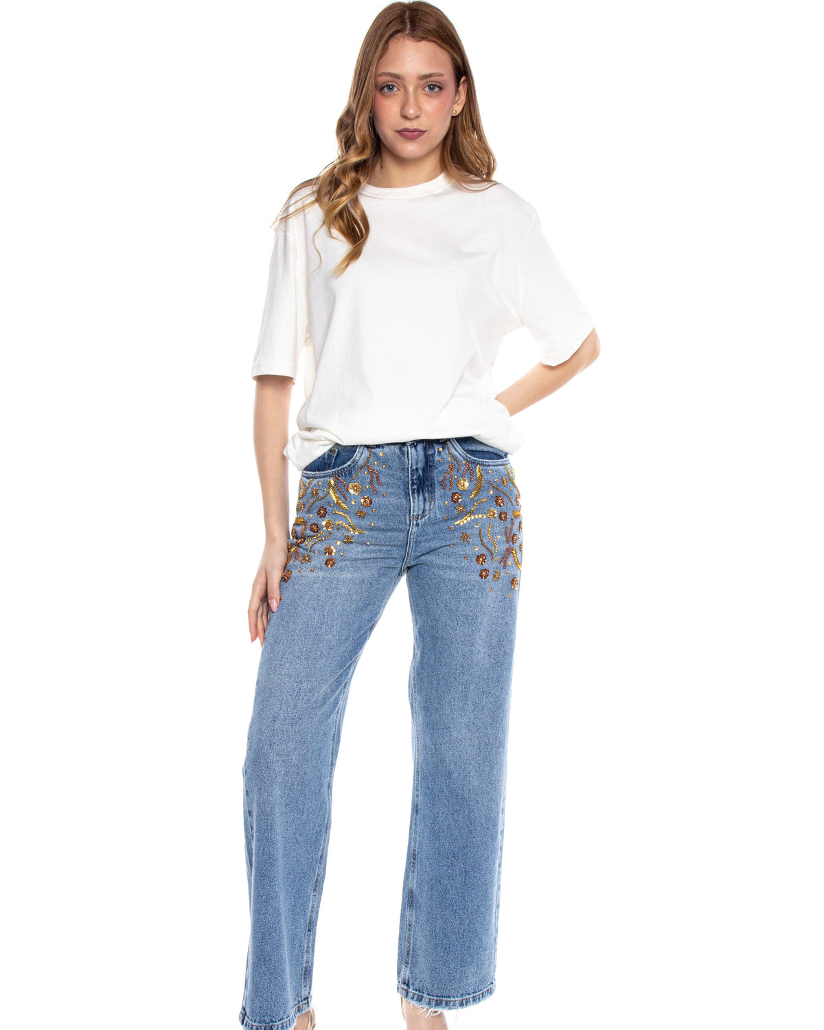 Pants Jeans Embroidered Gold by Yasoli, front view