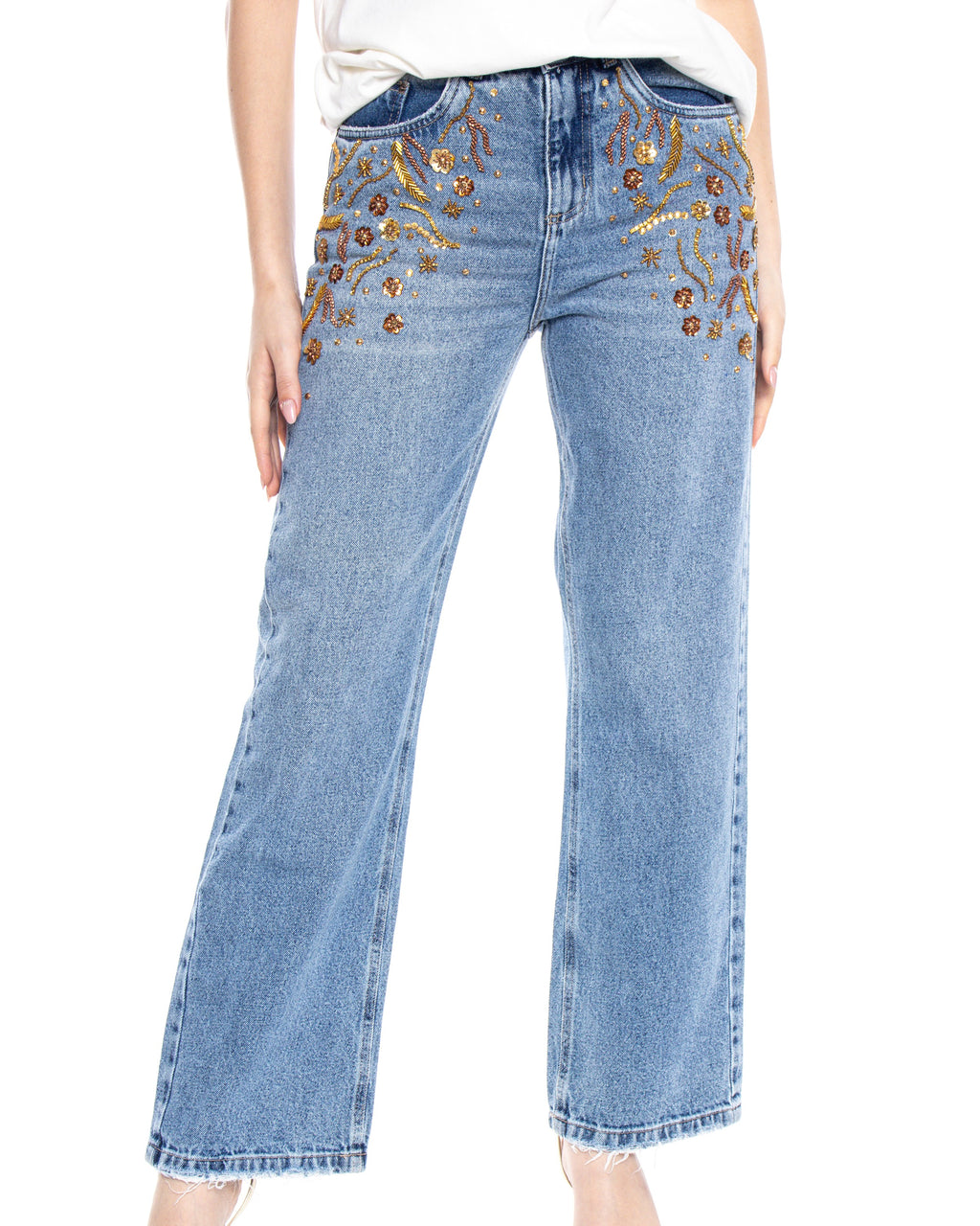 Pants Jeans Embroidered Gold by Yasoli, worn