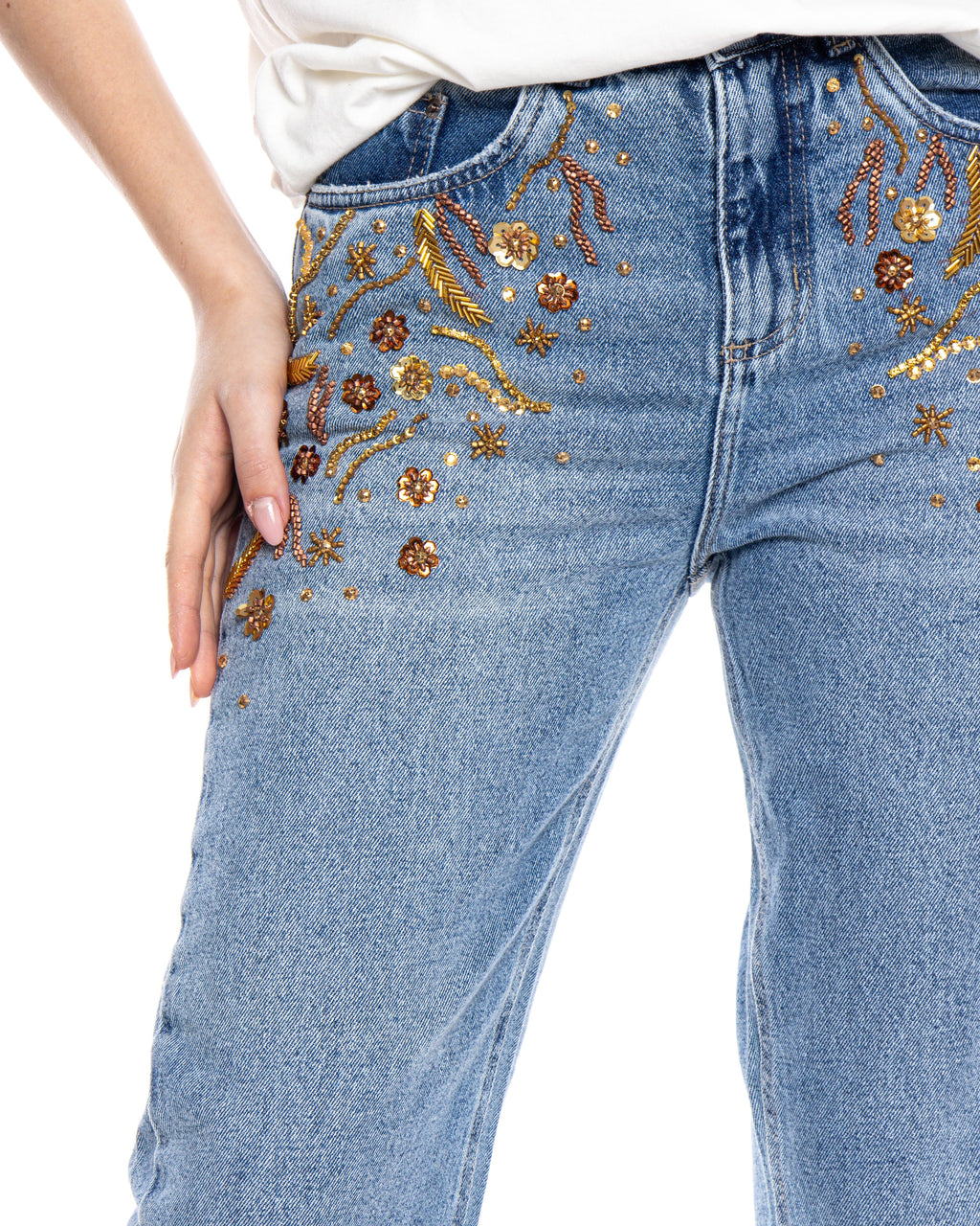 Pants Jeans Embroidered Gold by Yasoli, gold embroidery detail