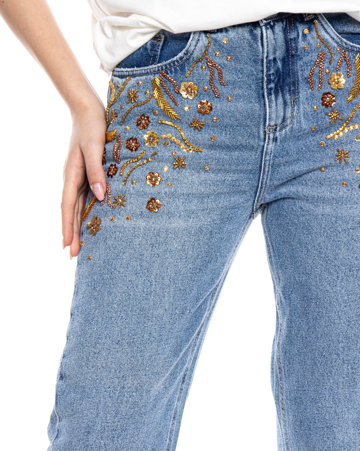 Pants Jeans Embroidered Gold by Yasoli, gold embroidery detail