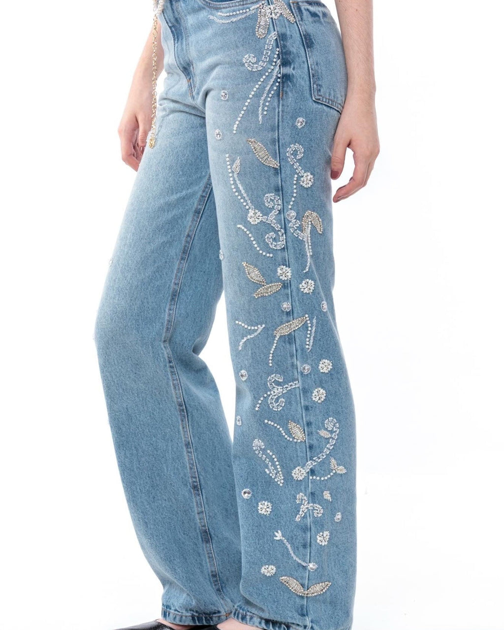 Calça Jeans Bordada Branca