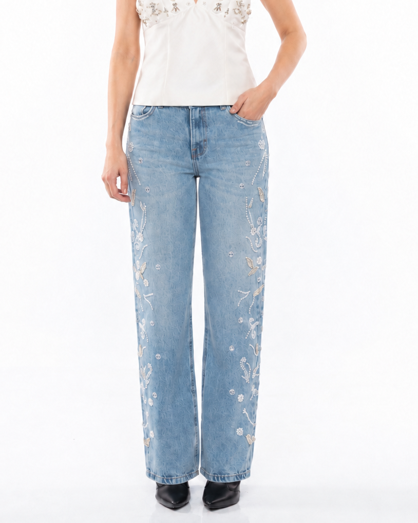Calça Jeans Bordada Branca