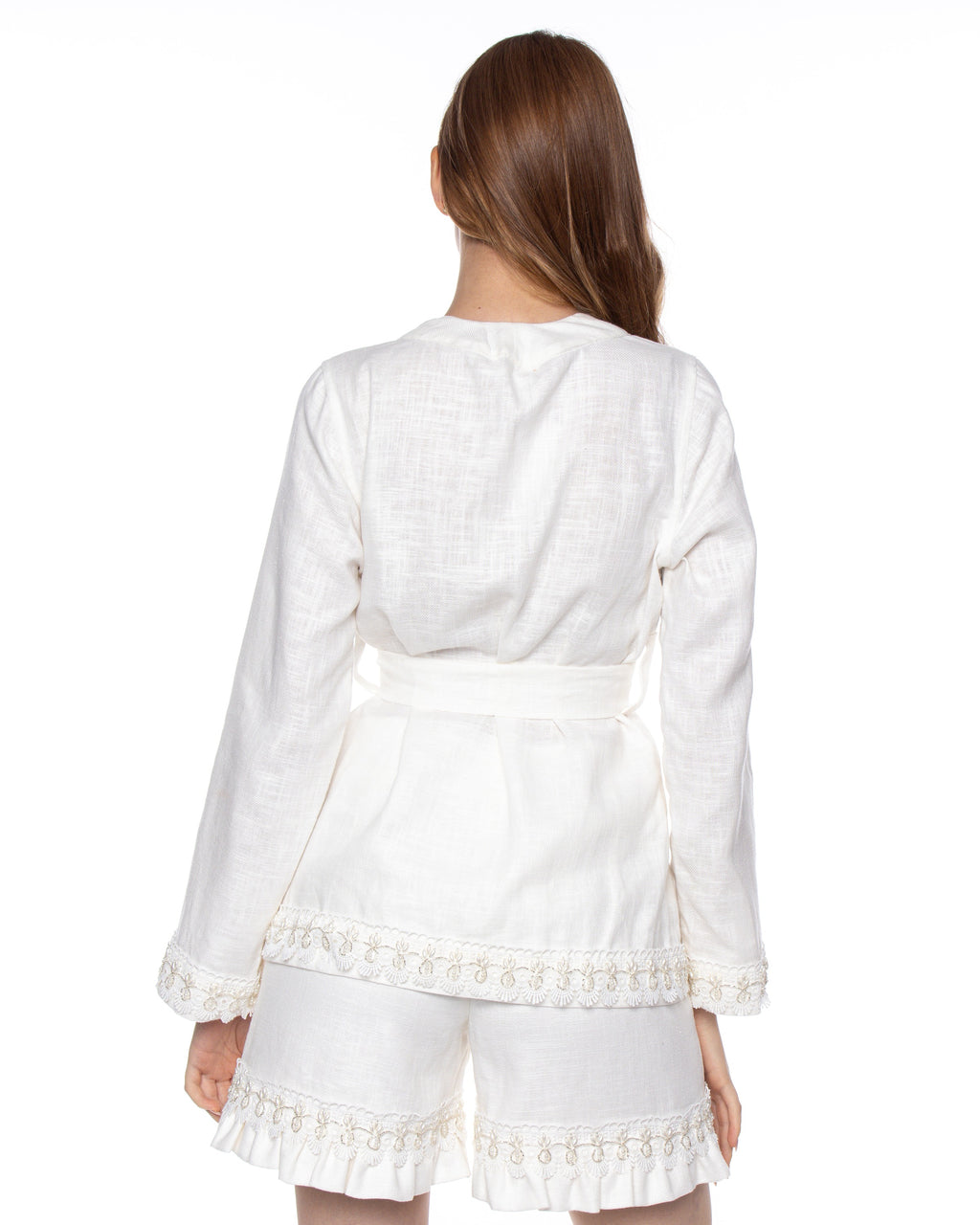 Kimono Linen Off White Lace by Yasoli with the matching shorts, back view
