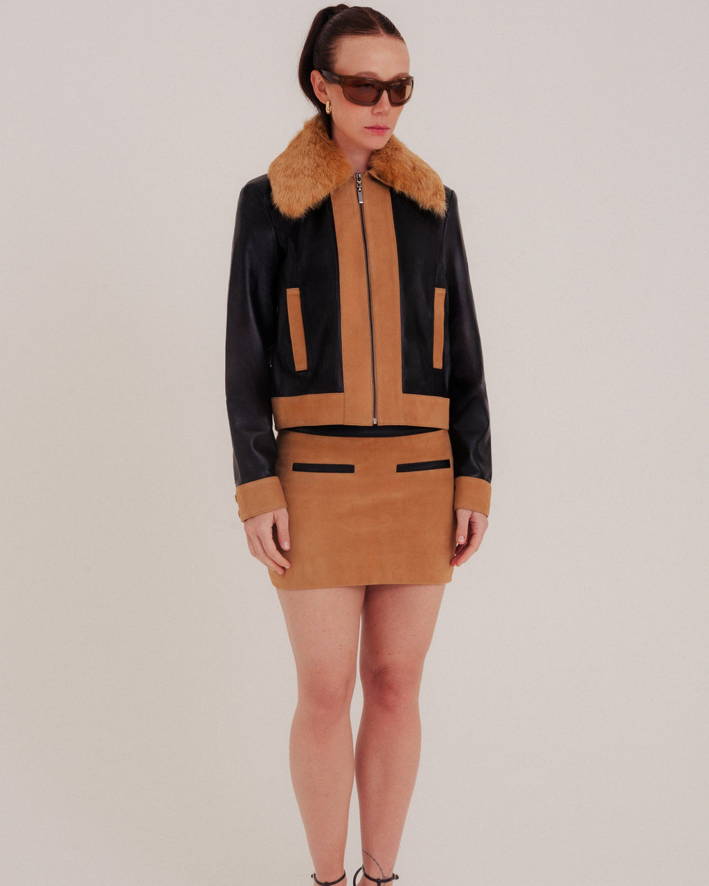 Rhea Trucker Jacket Black and Tobacco Khaki by NADI 1