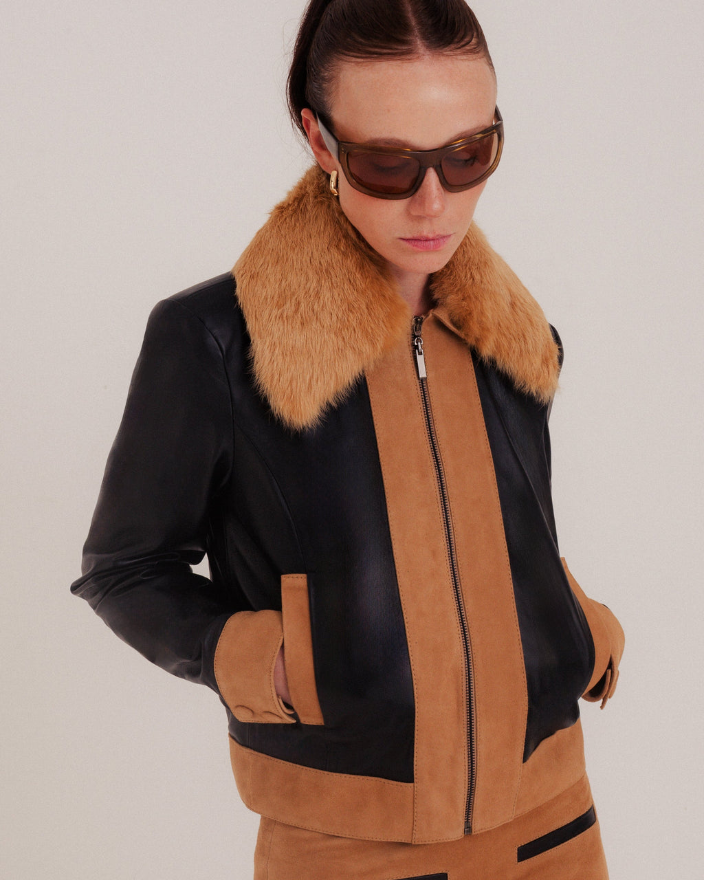 Rhea Trucker Jacket Black and Tobacco Khaki by NADI 2