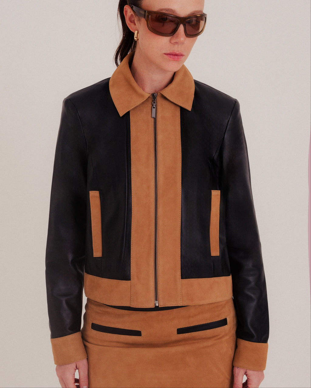 Rhea Trucker Jacket Black and Tobacco Khaki by NADI 4